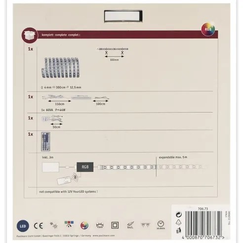 Bandă dimabilă LED RGB/40W MAXLED 3m 230V Paulmann 70673 + telecomandă