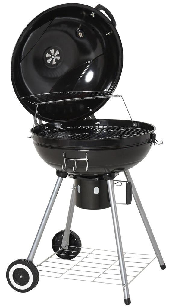 Gratar cu Carbune Capac si Termometru Outsunny, Grilaj Dublu, Metal Negru | Aosom RO