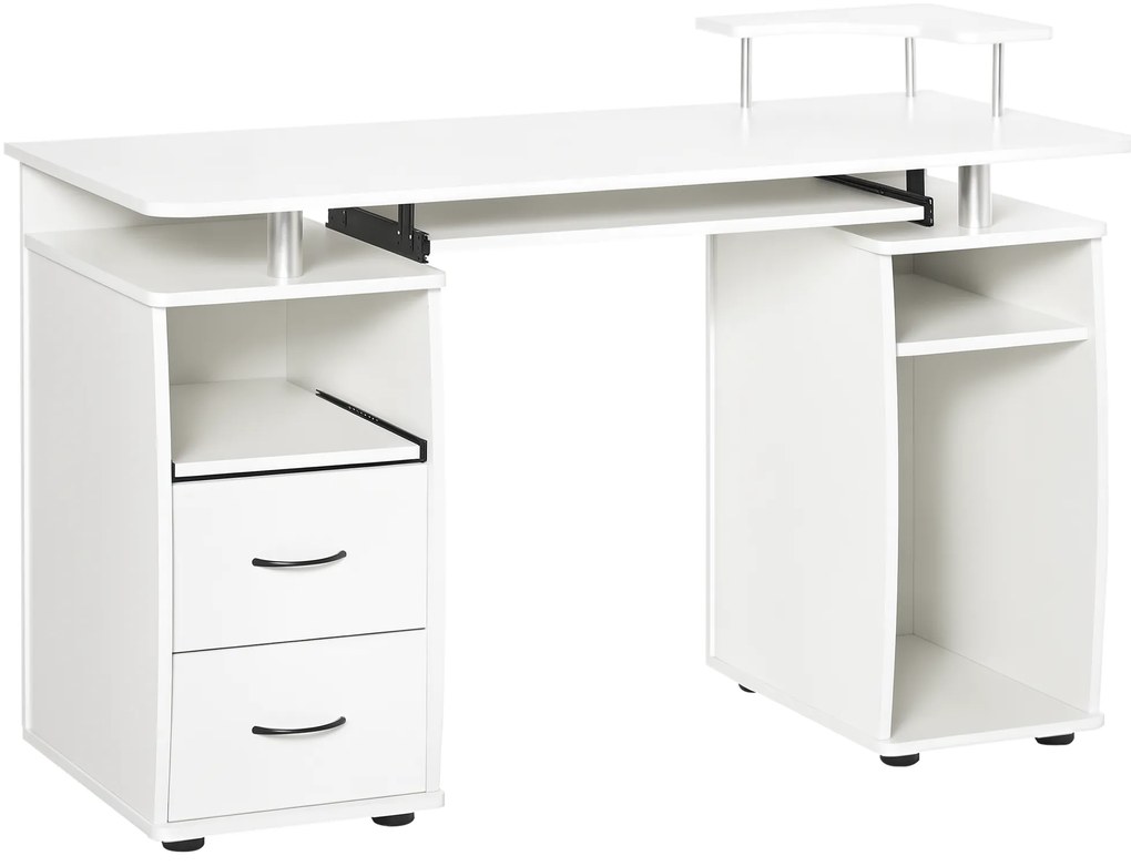 HOMCOM Birou PC din PAL și Oțel Alb cu Tastatură și Raft Monitor, Spațiu Generos de Lucru, 2 Sertare, Design Modern, 120x55x85 cm | Aosom Romania