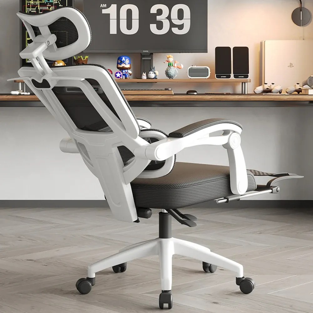Scaun ergonomic cu suport lombar, tetieră reglabilă 3D, suport pentru picioare, Mesh, Alb/Negru