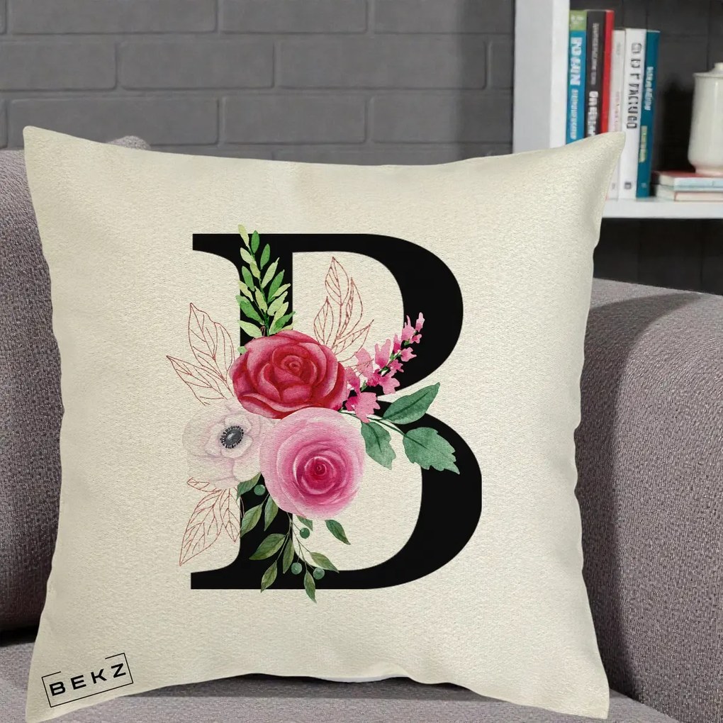 Cadou Personalizat - Perna Personalizata Monograma Florala Litera B, 40x40 cm, Ecru, Husa Detasabila, Perna Inclusa, BEKZ®