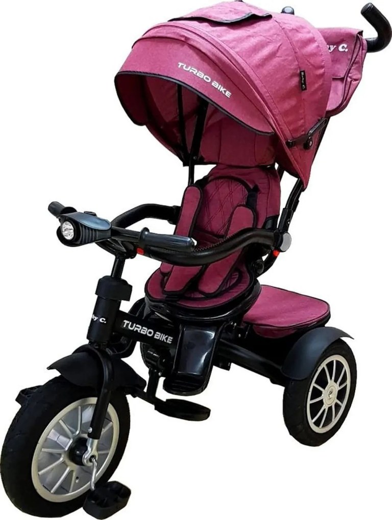 Tricicleta cu copertina Baby Care™ Turbo Bike , cu far luminos, roti din cauciuc, pozitie somn, pedale si maner pentru parinti, scaun reversibil cu