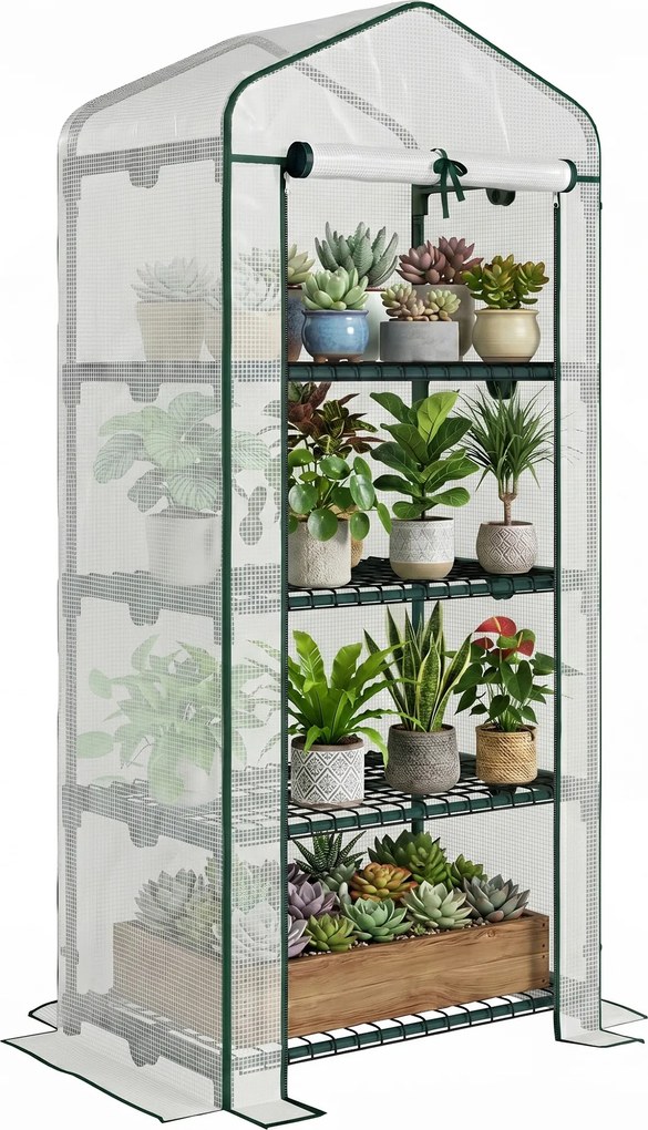 Outsunny Seră Verticală pentru Balcon și Terasă cu 4 Rafturi, Structură din Oțel și PE, 70x50x160 cm, Alb | Aosom Romania