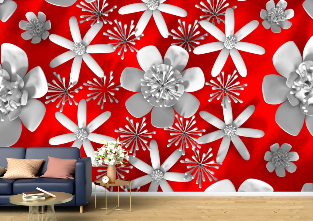 Tapet Premium Canvas - Randare flori 3d abstract pe fundal rosu