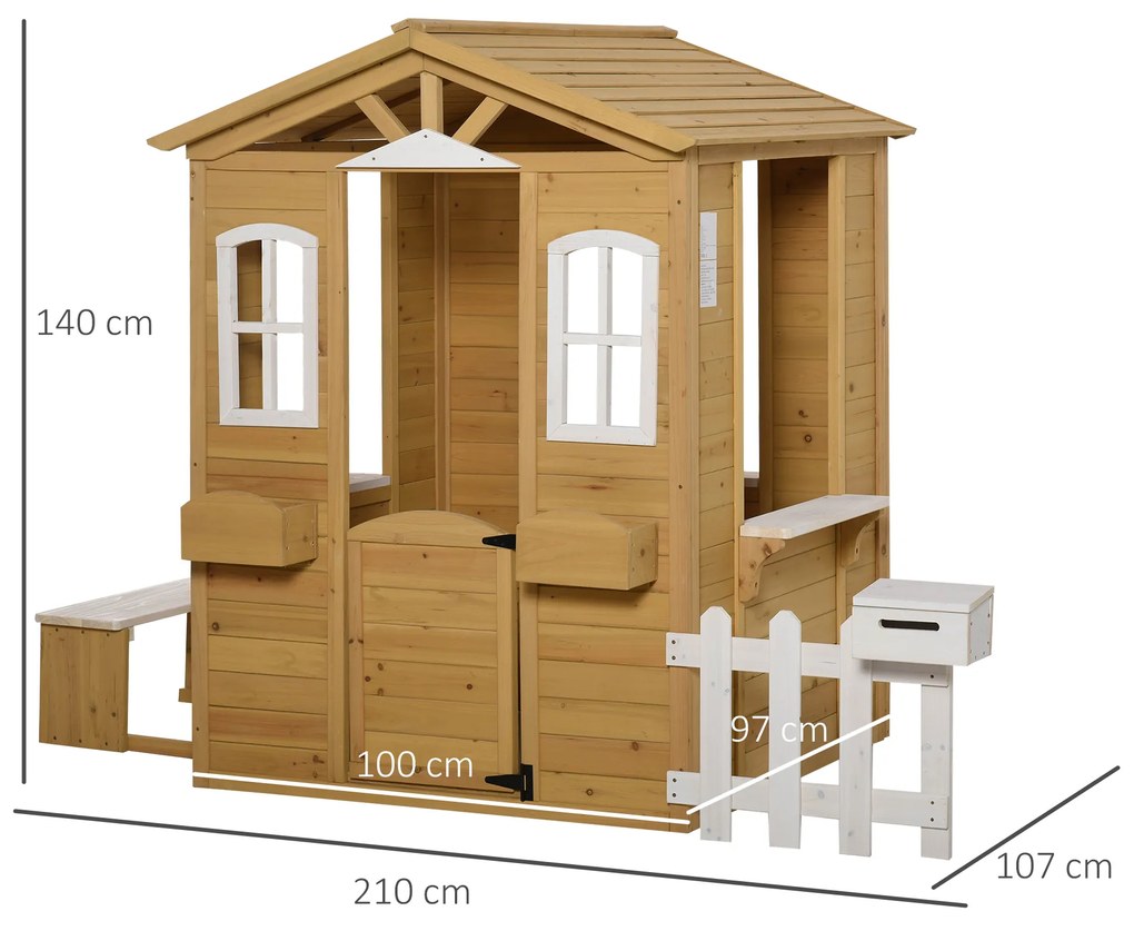 Outsunny Casuta pentru Copii din Lemn cu Ferestre, Gard, Suport pentru Ghivece si Banca 110x107x140cm Lemn Natural si Alb