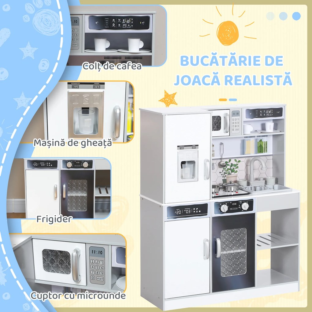 AIYAPLAY Set de Bucătărie de Jucărie din Lemn cu Aragaz cu Lumini și Sunete, Chiuvetă cu Circulație a Apei și Accesorii, Alb | Aosom Romania