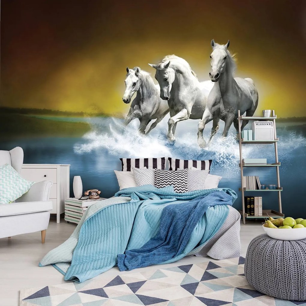 Fototapet - Calul alb în galop pe apă (152,5x104 cm)
