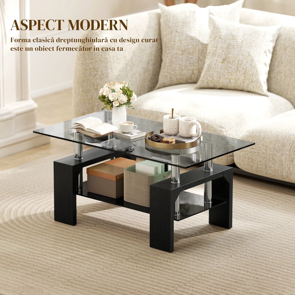 HOMCOM Măsuță de Cafea Modernă cu 2 Nivele din Lemn și Oțel cu Blat din Sticlă Temperată, 90x50x42 cm, Negru | Aosom Romania