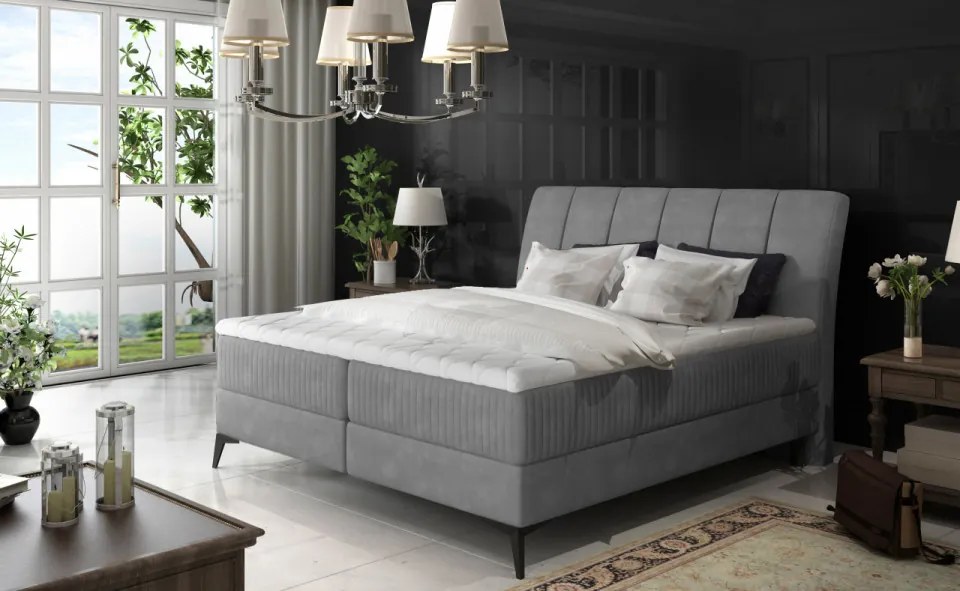 Pat boxspring tapitat cu lada de depozitare, 140X200 cm, Aderito, Eltap (Culoare: Gri deschis)