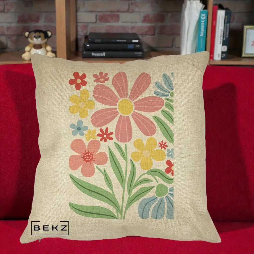 Perna Decorativa Flori Grafice Roz Pastel, 40x40 cm, Crem, Husa Detasabila, Perna Inclusa, BEKZ®