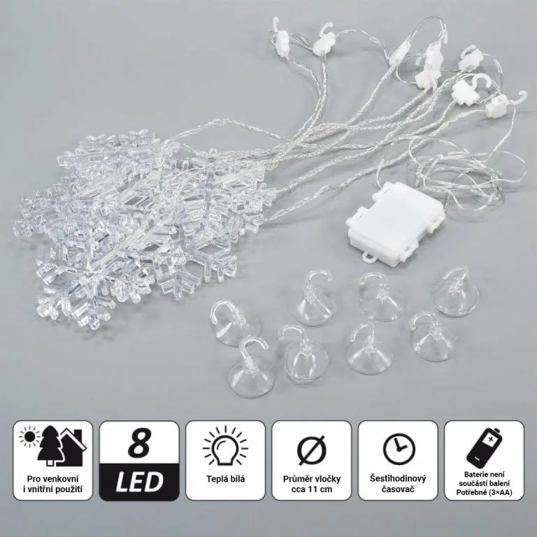 Perdea luminoasă de Crăciun, fulgi de zăpadă, 8 LED-uri, alb