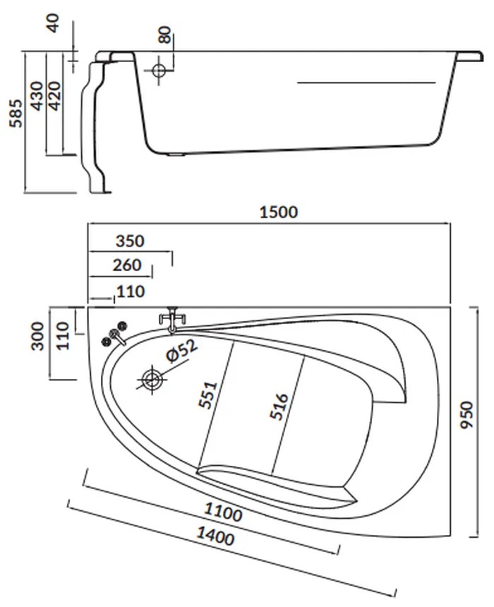 Cada baie pe colt Cersanit Joanna New, 150 x 95 cm, asimetrica, orientare dreapta, alba 1500x950 mm, Dreapta