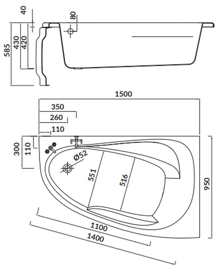 Cada baie pe colt Cersanit Joanna New, 150 x 95 cm, asimetrica, orientare stanga, alba 1500x950 mm, Stanga