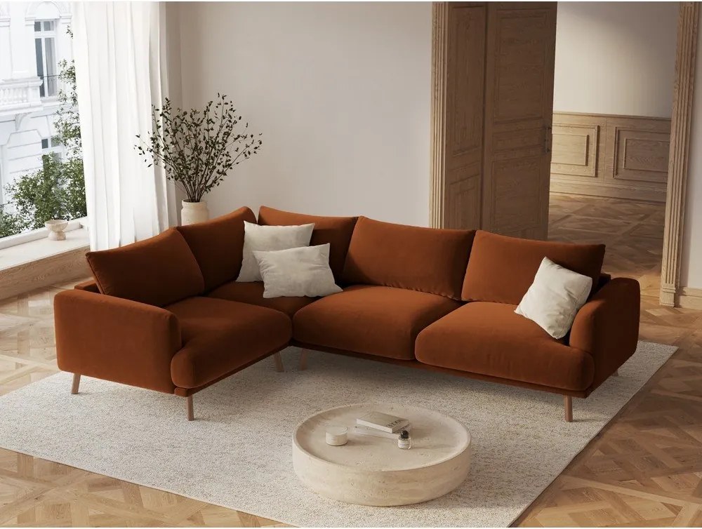 Colțar teracotă cu tapițerie din catifea (cu colț pe partea stângă/în formă de ”L”) Naomi – Micadoni