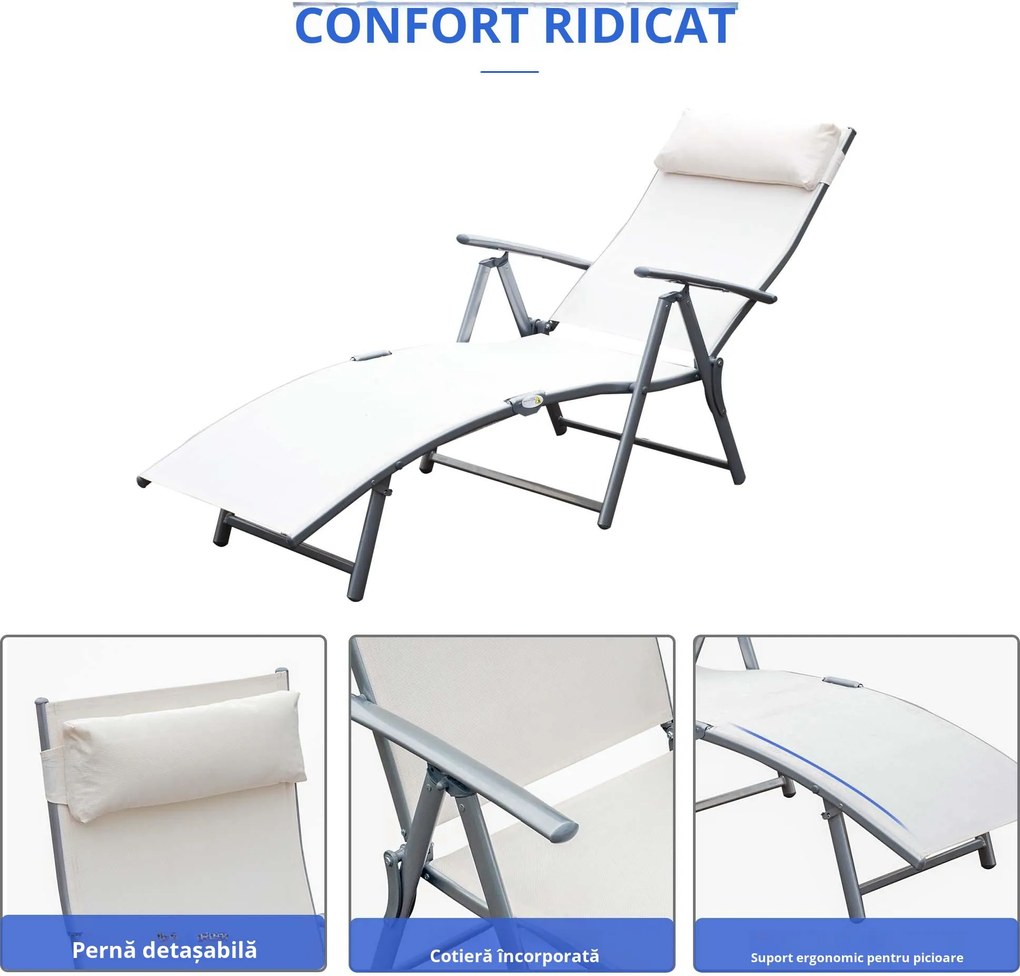 Outsunny Sezlong de Grădină Pliabil cu Spătar Reglabil, Ideal pentru Relaxare în Aer Liber, Crem Alb | Aosom Romania