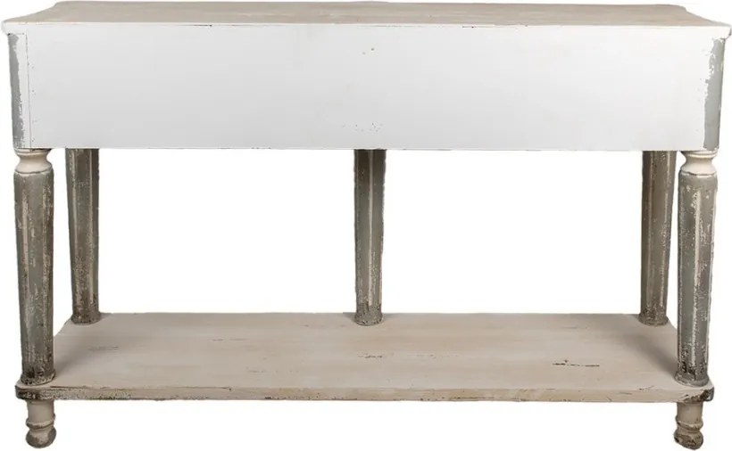 Consolă hol shabby chic din lemn, alb, cu 2 sertare, raft, picioare gri canelate și ornamente sculptate, 92 x 141 x 36 cm, „Marguerite”