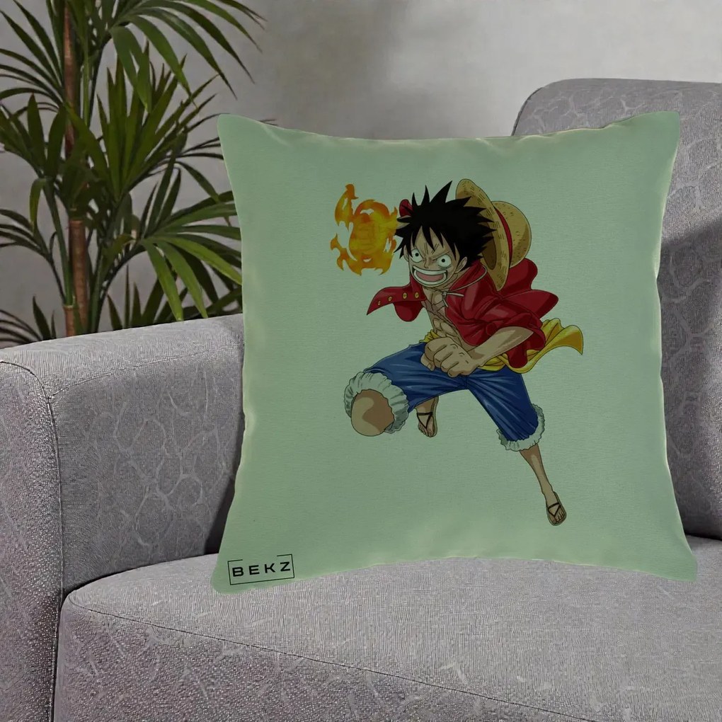 Perna Personalizata One Piece Luffy Gear Second Foc, 40x40 cm, Verde, Husa Detasabila, Perna Inclusa, BEKZ®