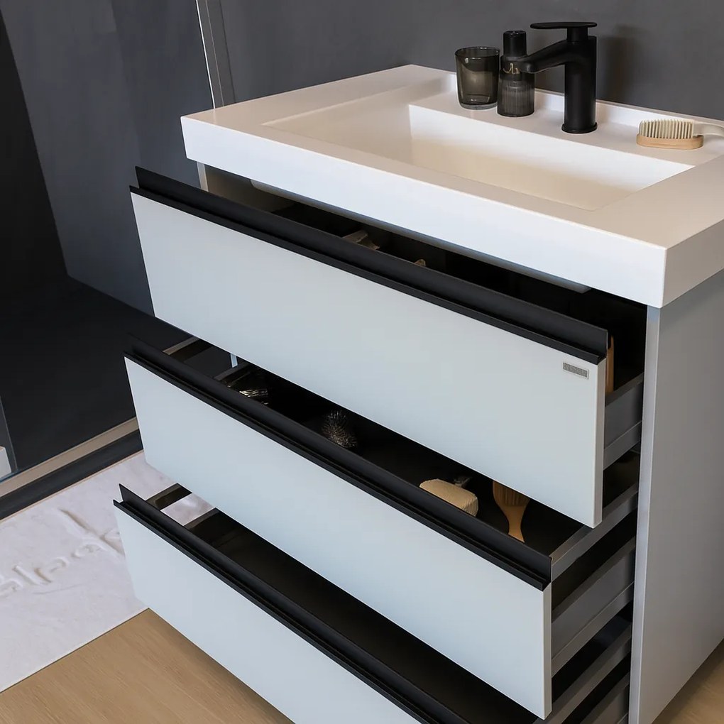 Set mobilier cu lavoar inclus 70 cm, 3 sertare cu soft-close, gri deschis, Kolpasan, Harmony