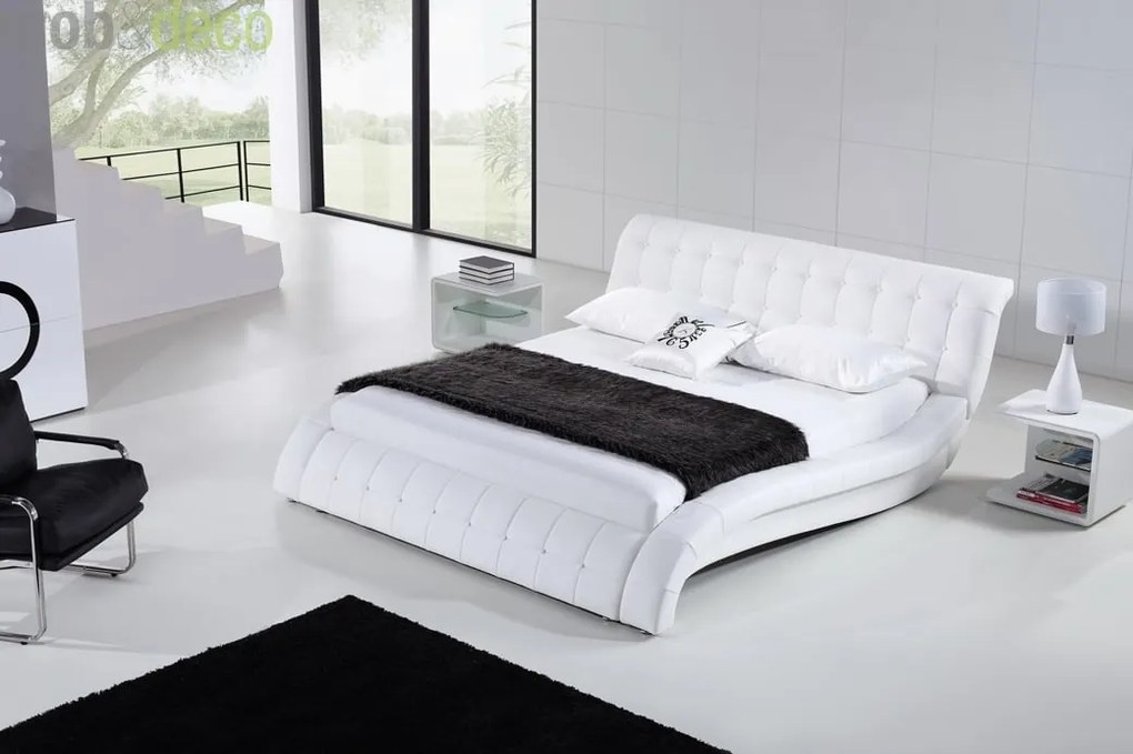 Pat MESSINA tapitat piele ecologica alba cu cristale pentru saltea de 180x200 cm-STOC 1.45, 1-3 Zile, Alb, 220 cm, 250 cm, 90 cm, Pat tapitat din  pie