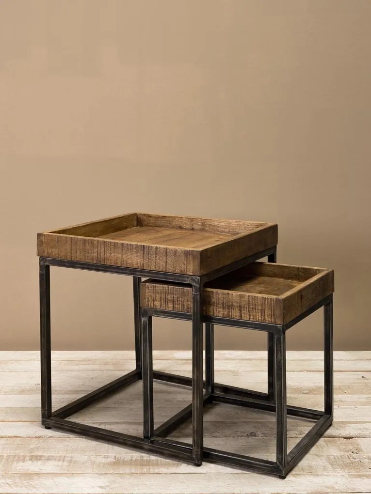 Set 2 masute laterale din metal si lemn de mango, Revol