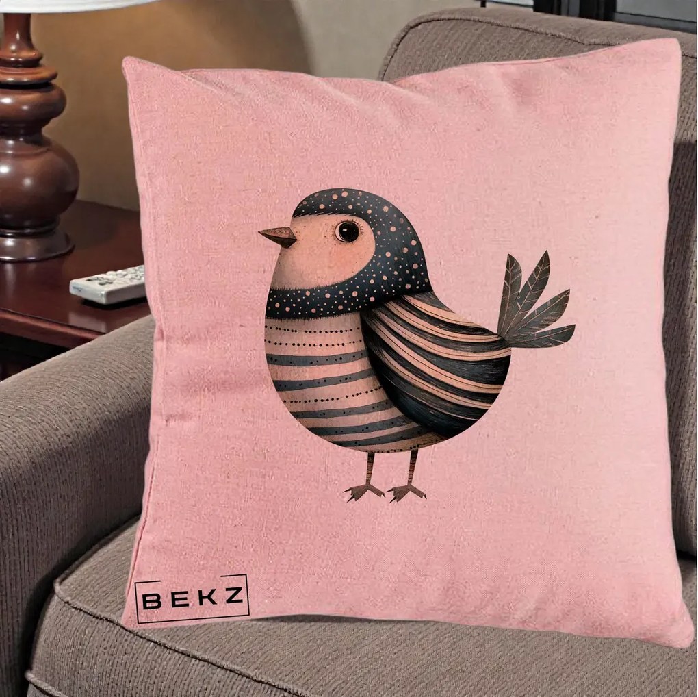 Perna Decorativa Pasare Teal Decorativa Dungata, 40x40 cm, Roz, Husa Detasabila, Perna Inclusa, BEKZ®