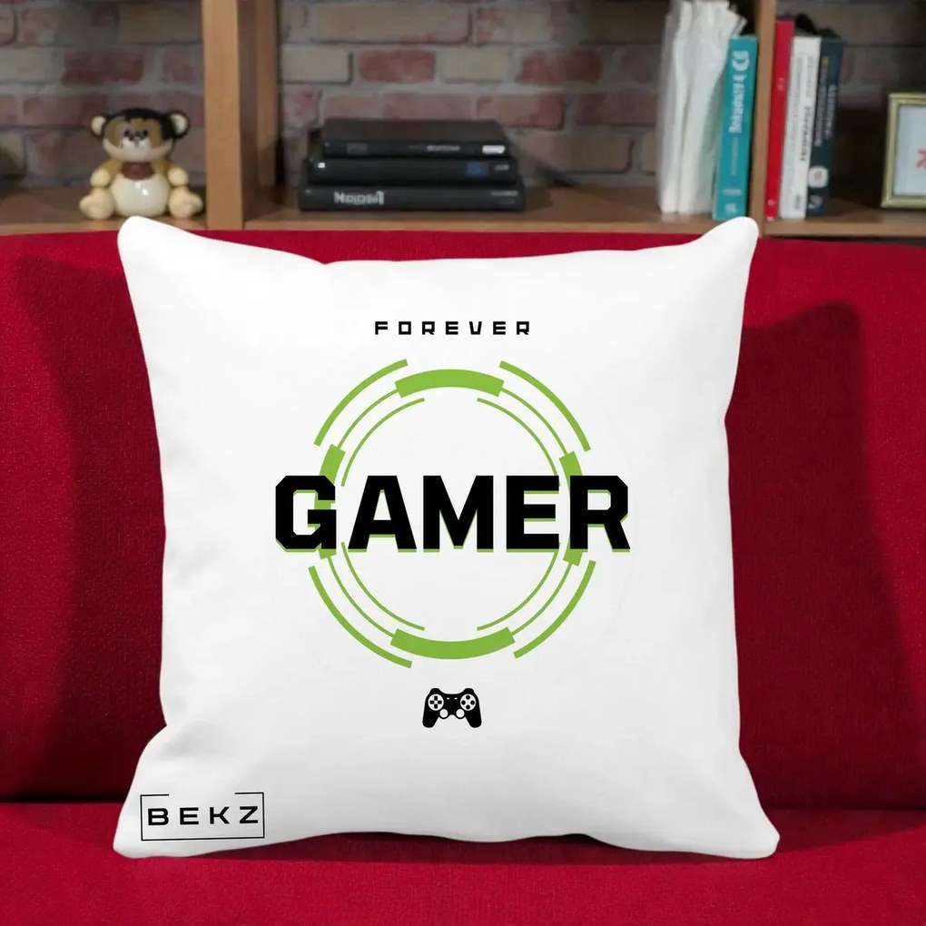 Perna Personalizata Forever Gamer, 40x40 cm, Alba Mata, Husa Detasabila, Perna Inclusa, BEKZ®