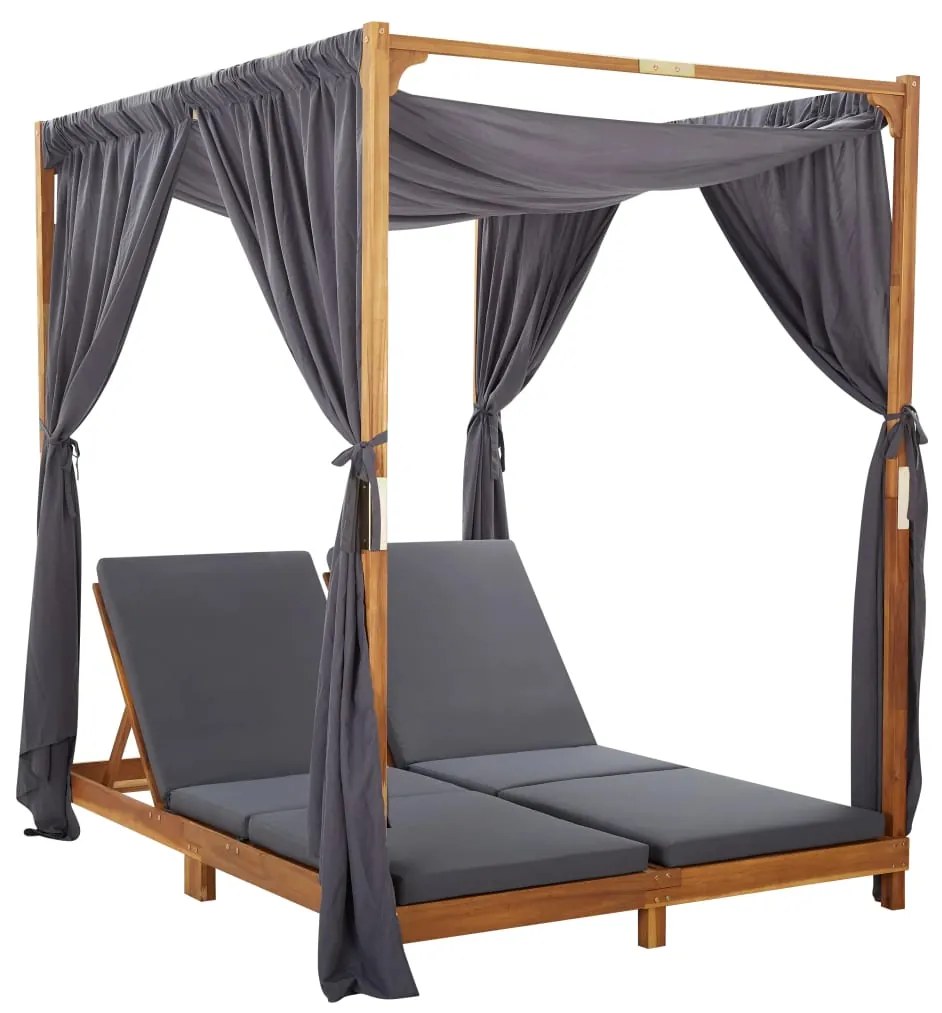 vidaXL Șezlong dublu cu perdele și perne, lemn masiv de acacia
