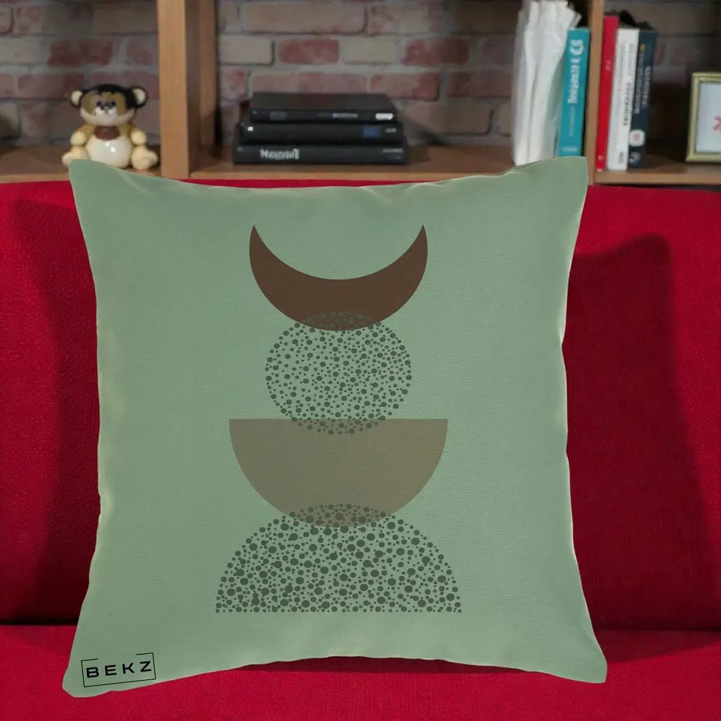 Perna Decorativa Boho Luna Plina si Forme Punctate, 40x40 cm, Verde, Husa Detasabila, Perna Inclusa, BEKZ®