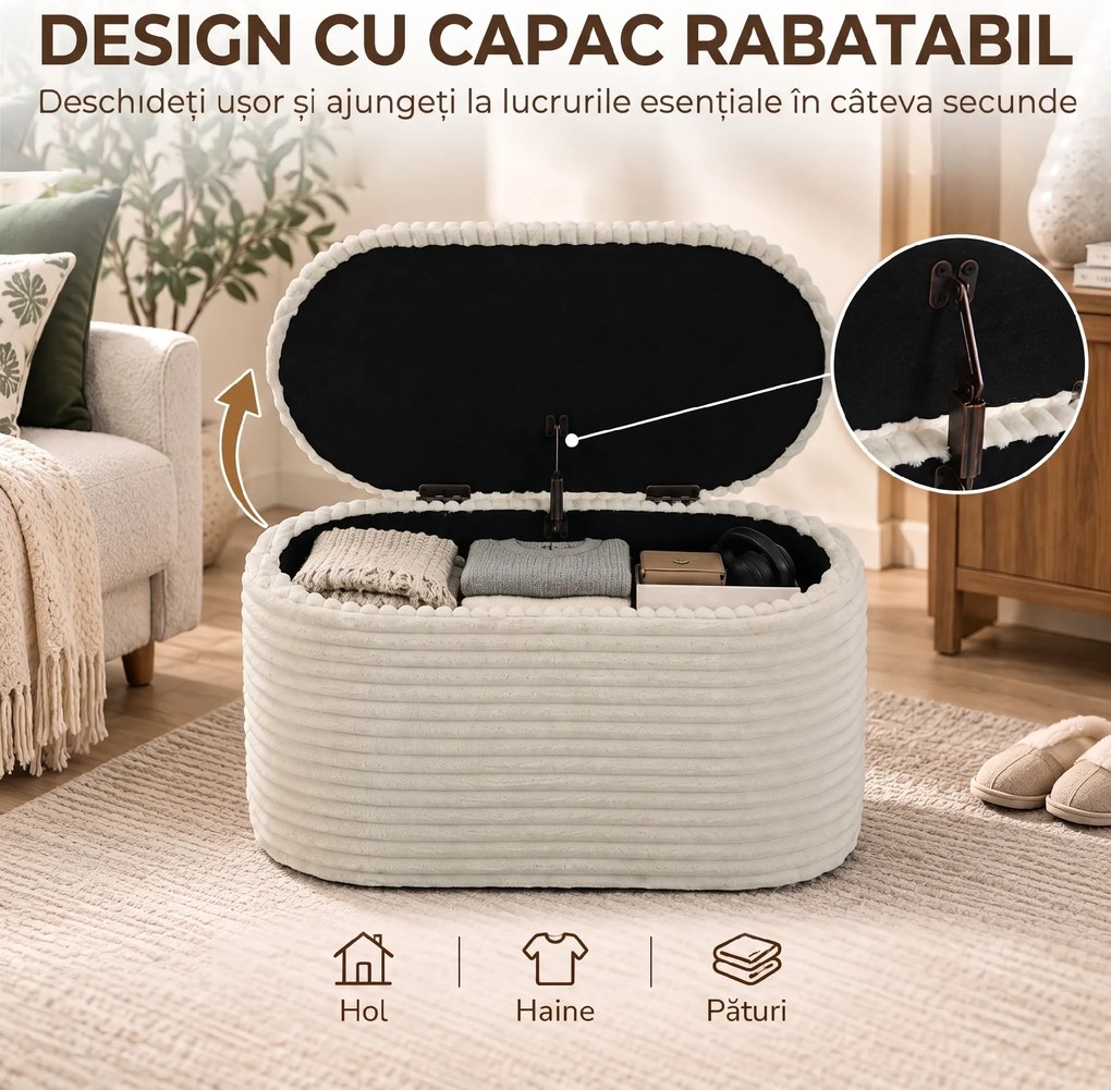 HOMCOM Set 3 piese cu spațiu de depozitare din catifea raiată, pentru living și dormitor, crem | Aosom Romania
