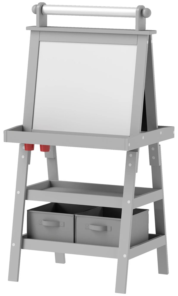 AIYAPLAY Chevalet pentru copii 3 în 1 cu tablou alb magnetic, tablou pentru cretă, roleu de hârtie, 2 coșuri, 3-6 ani, gri | Aosom Romania