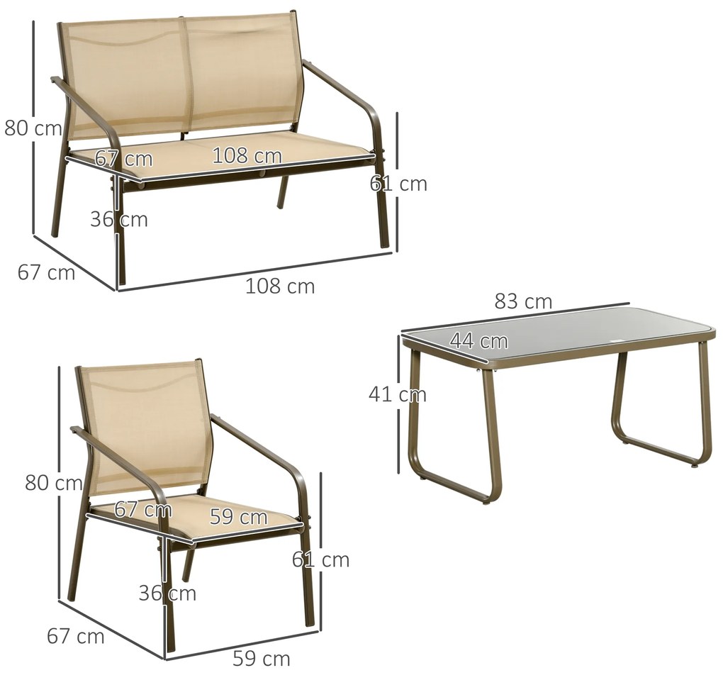 Outsunny Set Mobilier de Gradina Confortabil, 2 Scaune, 1 Canapea, 1 Masuta, Cadru Metalic, Textilen Rezistent, Kaki, Design Modern | Aosom Romania