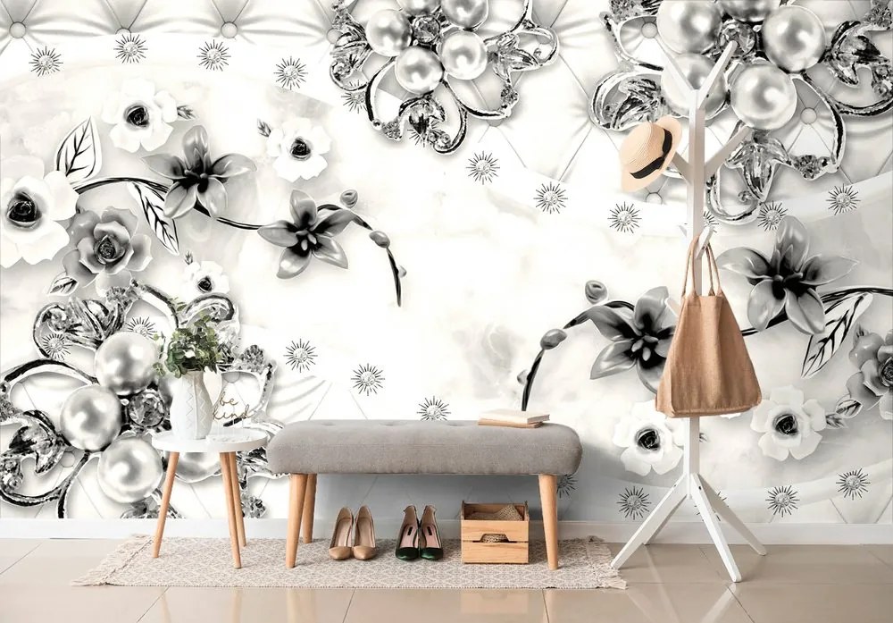 Tapet bijuterii florale alb-negru