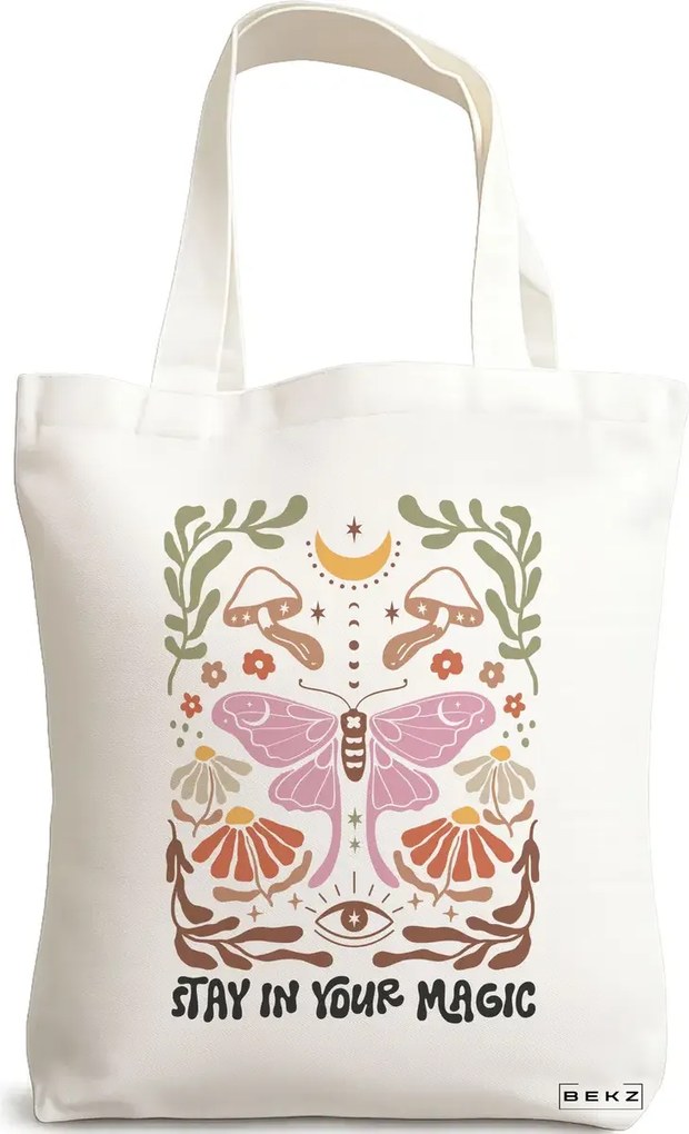 Sacosa de Panza pentru Cumparaturi, Geanta Tote Boho Style 4, 38x34.5 cm, Alba, BEKZ®