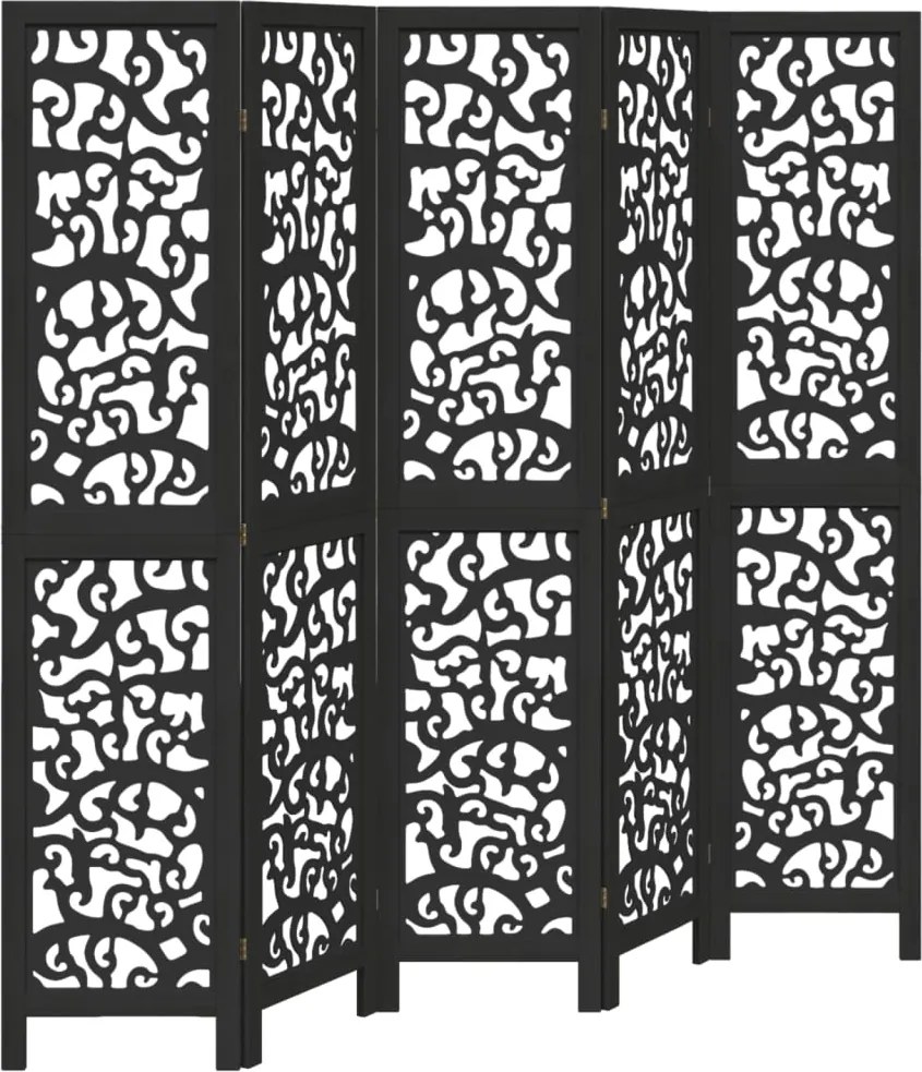 vidaXL Paravan de cameră cu 5 panouri, negru, lemn masiv paulownia