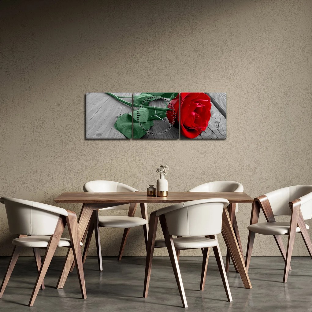 Tablou - Trandafir roșu cu tulpină verde (cu ceas) (90x30 cm)