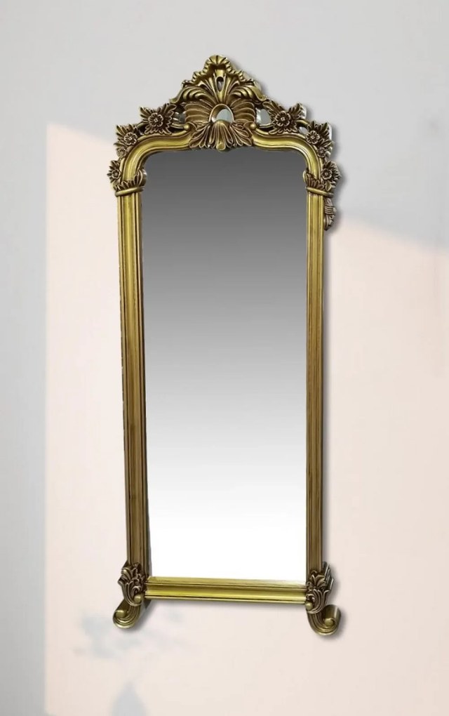 Oglindă decorativă de perete, ramă aurie antichizată, 168 x 69 cm