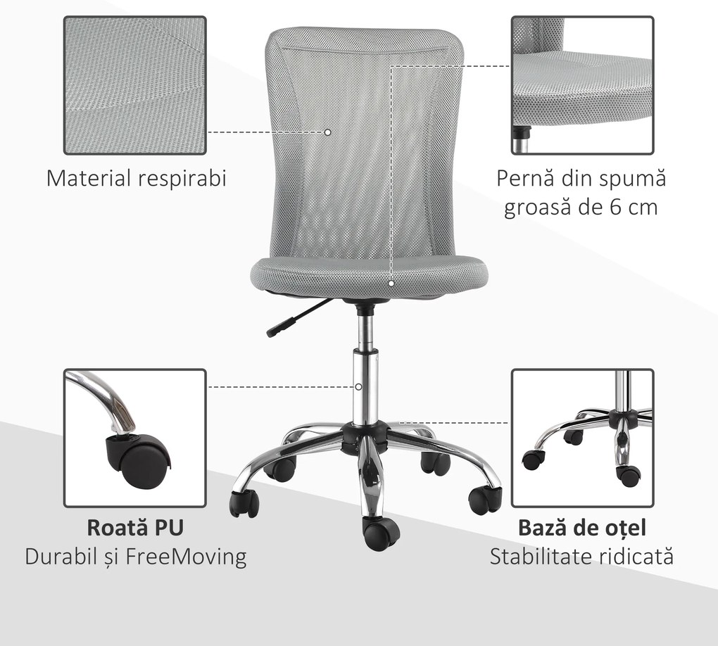 Vinsetto Scaun de Birou Ergonomic Fără Cotiere din Țesătură tip Plasă Gri | Aosom Romania