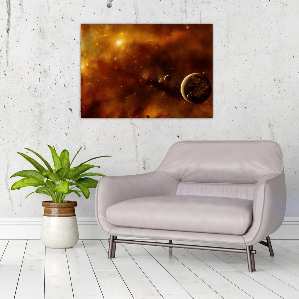 Tablou pe sticlă - Planete cu nebuloasă (70x50 cm)