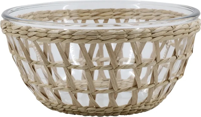 Bol transparent, din sticla, imbracat in cos din rachita, D23cm, Fira