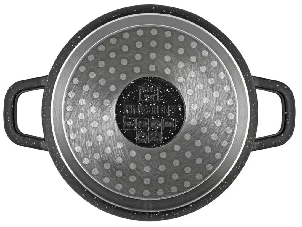 Oală cu capac 24 cm, 4.5L – Kinghoff KH 1595, strat de marmură, culoare neagră, pentru gătit zilnic, plite și inducție