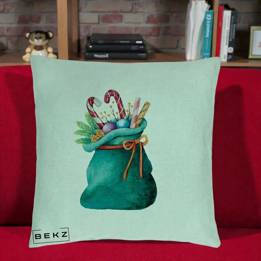 Perna Decorativa Saculet Cadouri Mos Craciun Acuarela Verde, 40x40 cm, Verde Menta, Husa Detasabila, Perna Inclusa, BEKZ®