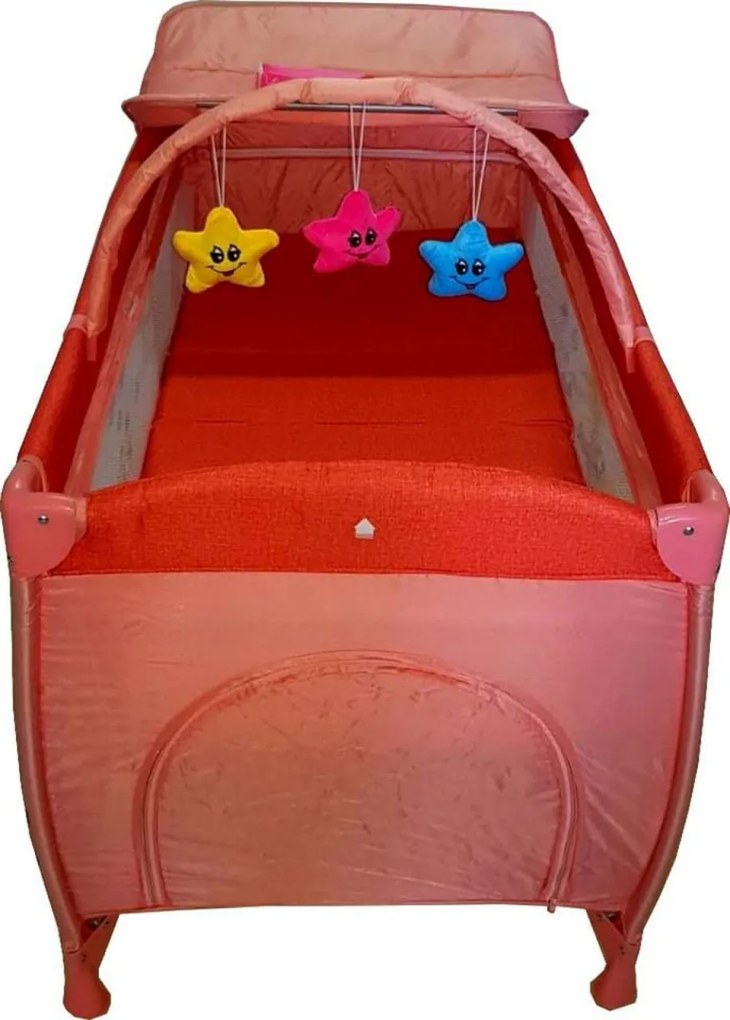 Patut Pliant NOVOKIDS™ Baby C, 120X60 cm, transforabil in Tarc Copii, 2 Niveluri, Masa infasat detasabila, jucarii din plus, geanta transport, Corai