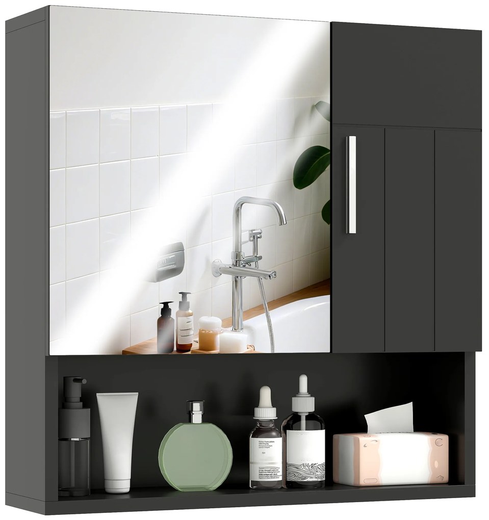 kleankin Dulap cu Oglindă pentru Baie 2 Uși și Raft Deschis 54x15.2x55.3 cm Negru | Aosom Romania