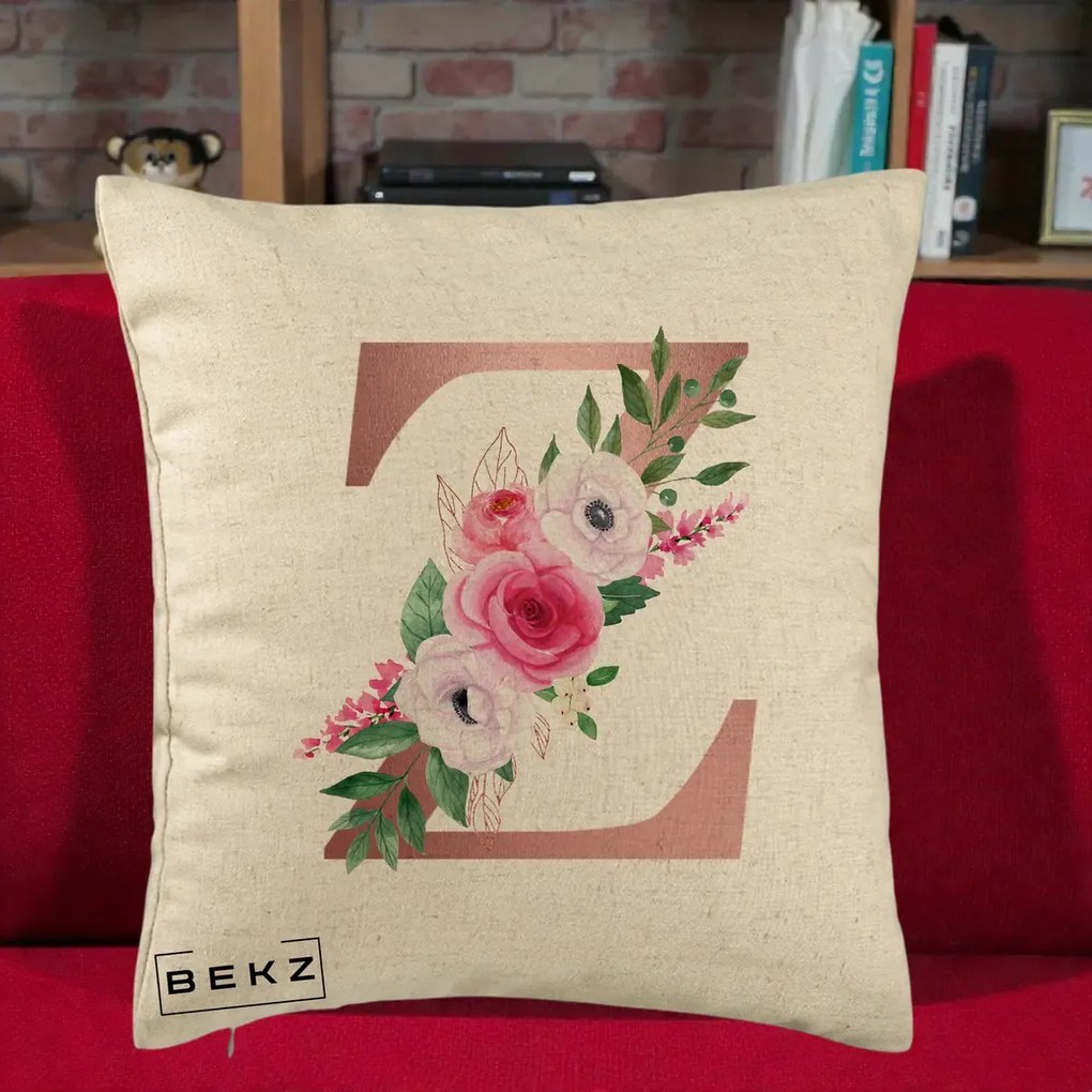 Cadou Personalizat - Perna Personalizata Monograma Rose Gold Litera Z, 40x40 cm, Bej, Husa Detasabila, Perna Inclusa, BEKZ®
