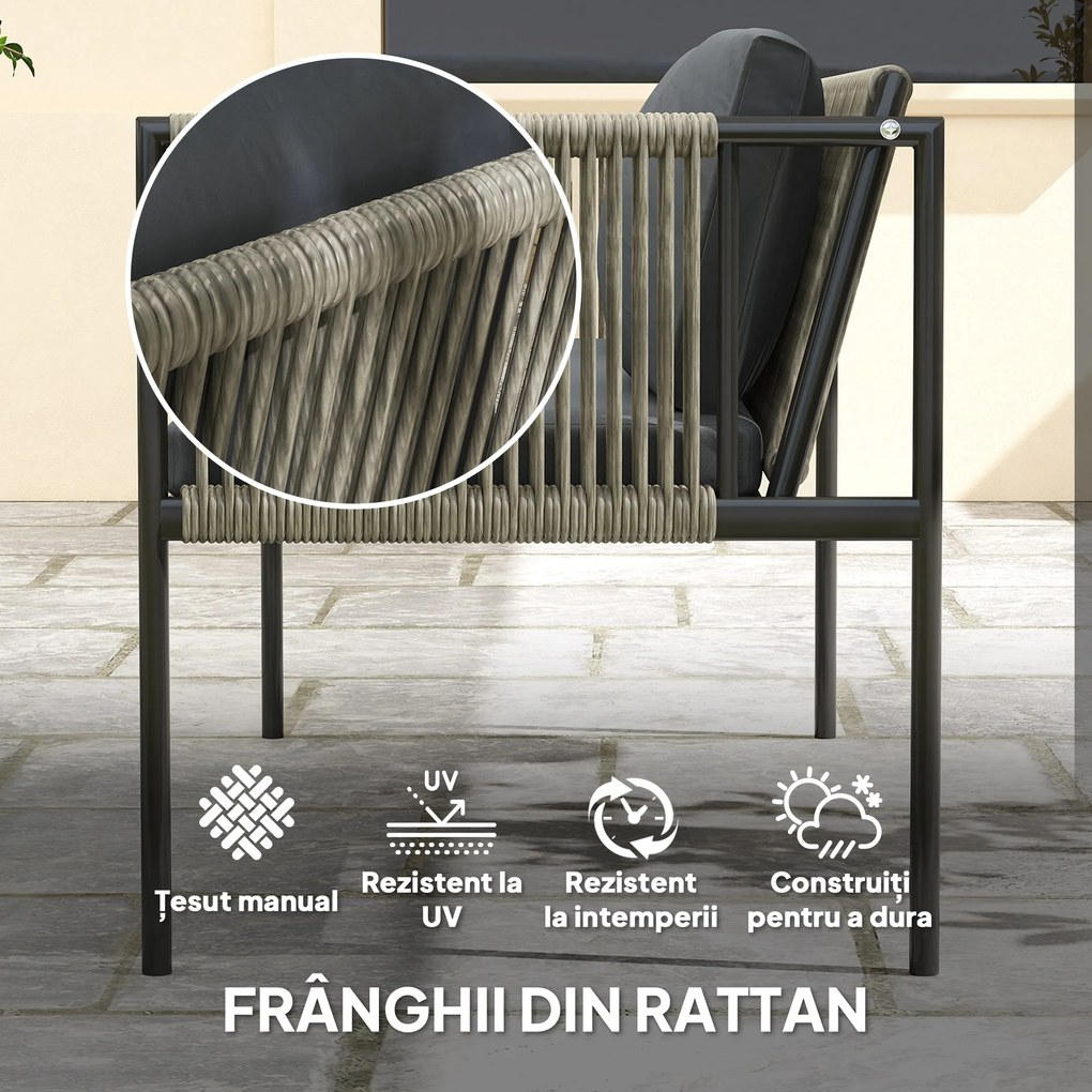 Outsunny Set de Exterior din Rattan 2 Fotolii, Canapea și Măsuță Gri | Aosom Romania