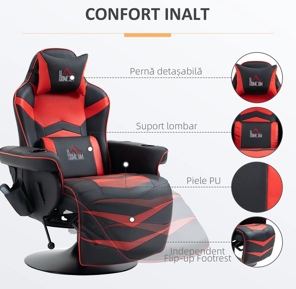 HOMCOM Scaun de Gaming cu Masaj, Suport pentru Picioare și Pernă, din Piele Sintetică, 78x80x111,5 cm, Negru și Roșu | Aosom Romania