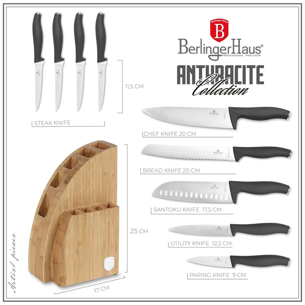 Set cutite 10 piese Antracite Berlinger Haus BH 2758, stativ lemn, gri