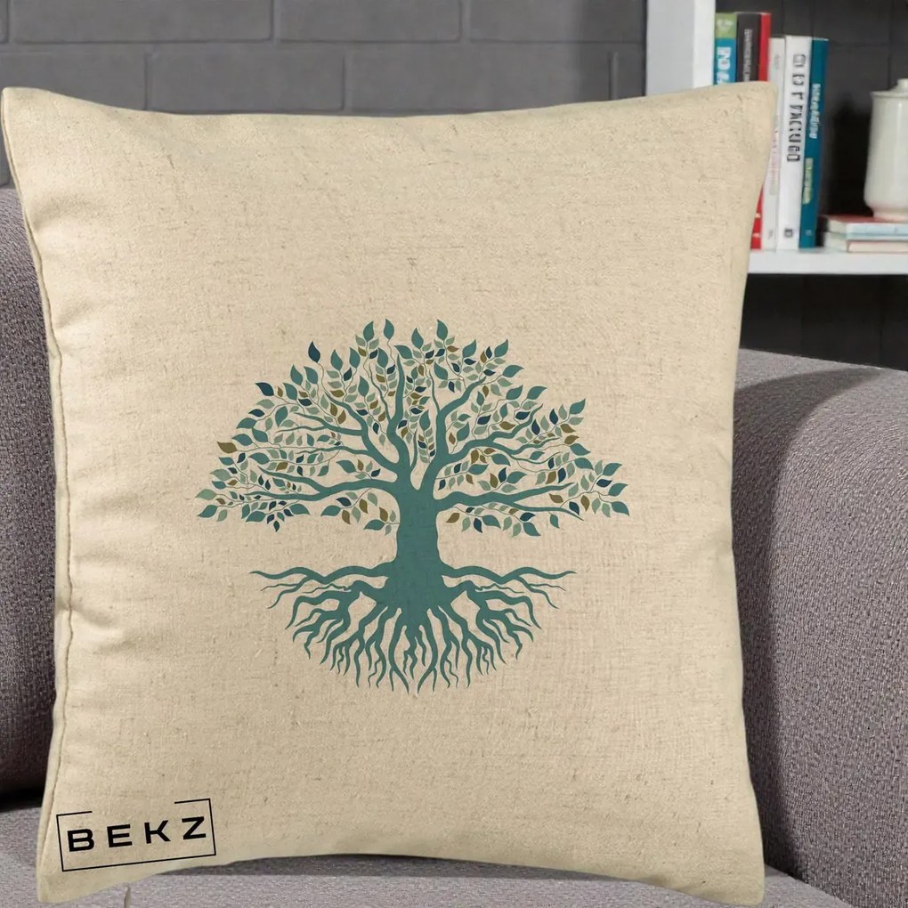 Perna Decorativa Copacul Vietii Teal cu Radacini, 40x40 cm, Bej, Husa Detasabila, Perna Inclusa, BEKZ®