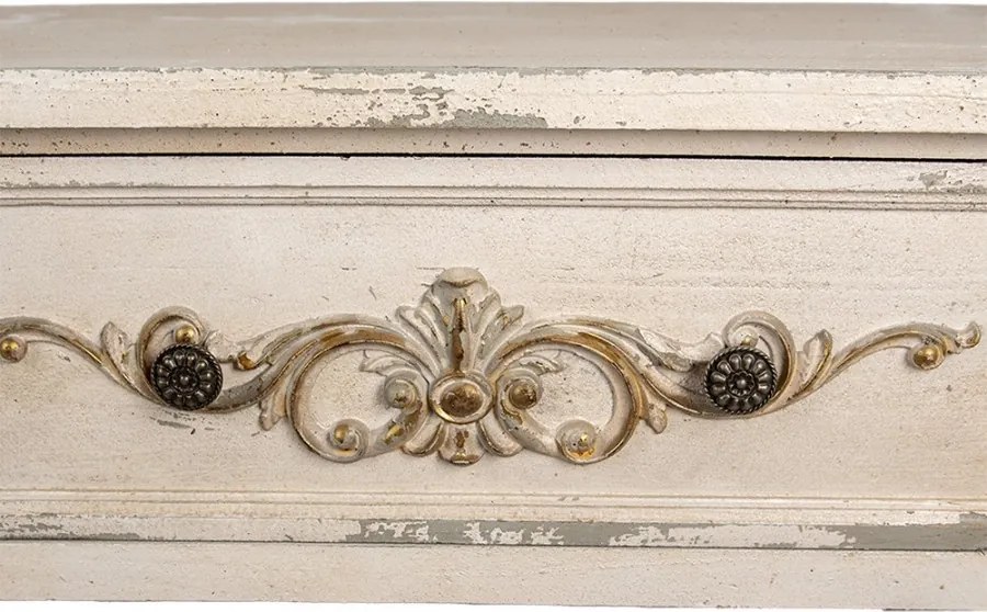 Consolă hol shabby chic din lemn, alb, cu 2 sertare, raft, picioare gri canelate și ornamente sculptate, 92 x 141 x 36 cm, „Marguerite”