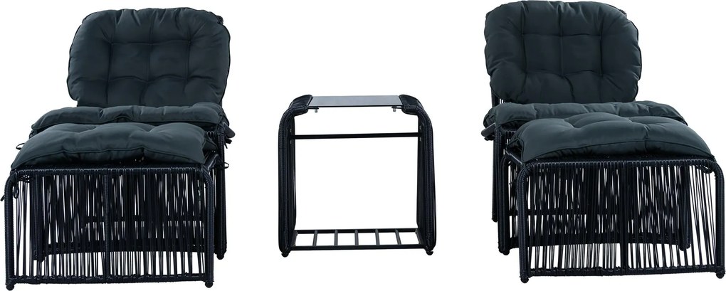 Set mobilier de grădină de exterior în 5 piese, set lounge pentru balcon cu 2 scaune, 2 taburete și masă cu blat din sticlă, Negru+Gri